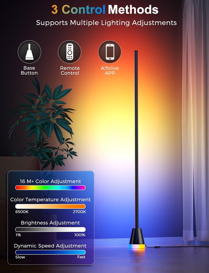 Alfolive RGB Floor Lamp, Smart LED Corner Lamp for Living Room Bedroom, 16 Million DIY Colors Standing Lamp with Music Sync App & Remote Control, Cool Modern Mood Light Ambient Lighting, Black - Image 4